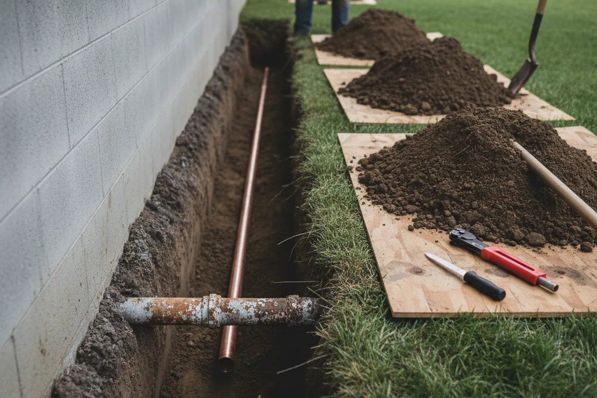 Excavated water line trench during Sewer Line Repair in Olivebridge